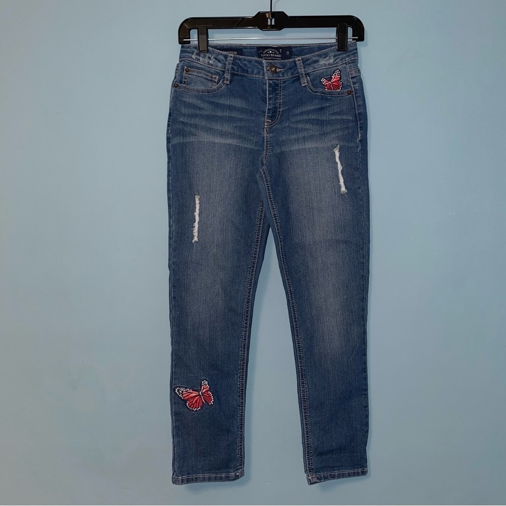 Lucky Brand Distressed Dylan Boyfriend Jeans with Butterflies Size 12